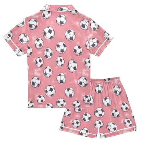 Football Pink Pattern Summer Satin Pajama Set, Cute Button-Down Sleepwear Pj Set for Sleep Wears2
