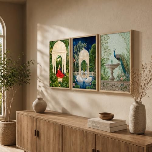 Image of Livin'luxe Set of 3 Royal Garden Wall Paintings for Living Room Dining Bedroom Home Decor with Premium Wooden Color Synthetic Frame (25.5 x 19.5 Inch) NM03-74