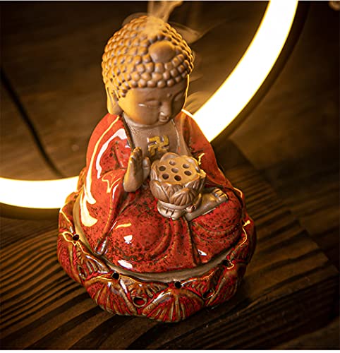 Ceramic Buddha Incense Burner Waterfall Chinese Backflow Incense Burner Holder With Led Light Incense Cones For Home Office Decor (Red) #TOP1