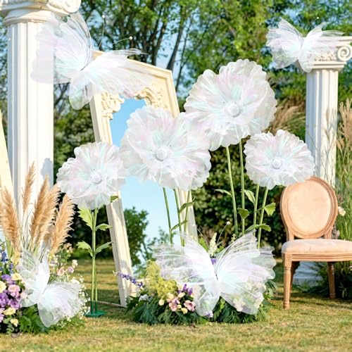 Image of Cinnvoice 8 Pcs Laser White Large Butterfly Flower Decorations 20 Inch 12 Inch 3D Giant Laser White Silk Butterfly Big Flower Mariposas Grandes para Decoracion for Wedding Backdrop Birthday Party