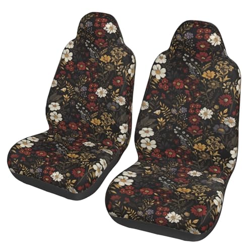 MAGIFUN Floral Car Seat Cover Retro Daisy Seat Cushion Auto Bucket Seat Cover Set 2 Pack Hippie Boho Flower Car Front Seat Cushion Elastic Seats Cushion Automotive Seats Covers Accessory Brown