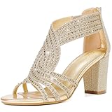 Gufobela Heels for Women Chunky Rhinestone Block Heeled Sandals Sparkly Open Toe Formal Dressy Shoes Wedding Prom Homecoming Hoco (1122 Gold 8)
