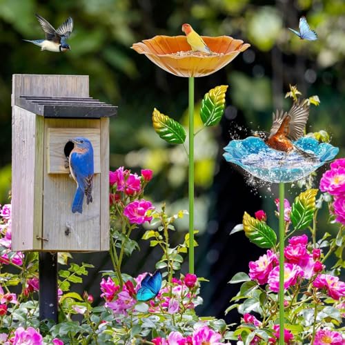 Image of 2 Pack Bird Bath for Outside, Outdoors Garden Decor Flower Birdbath | Colorful Metal Bird Bowl with Five Stakes for Hummingbird Baths & Bird Feeders, 31.3 inch H x 10.63 inch Dia (Blue,Yellow)