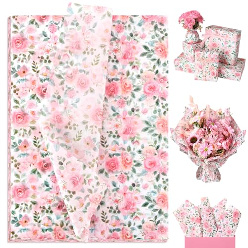 SUMMORO 100 Sheets Floral Tissue Paper Pink Tissue Paper for Gift Bags Watercolor Rose Floral Printed Gift Wrapping Papers for Wedding Birthday Decor Valentines Day Mothers Day 20 x 14 Inch