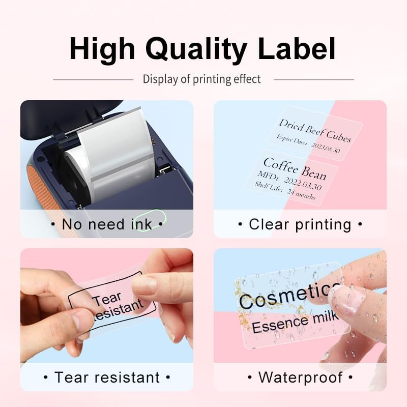 Four panels illustrating label quality: 'No need ink', 'Clear printing' with examples of food labels, 'Tear resistant' showing a label being stretched, and 'Waterproof' showing a label under running water.