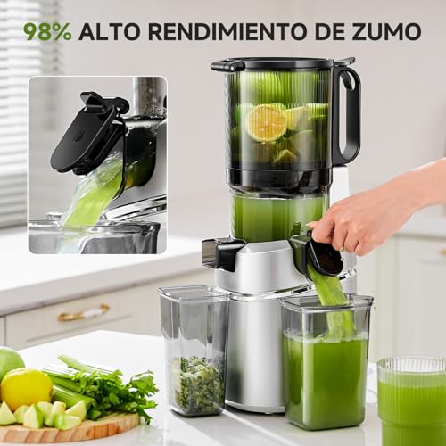 AMZCHEF Extractor de Verduras y Zumos Automático, 1,8L Capacidad y 145MM Apertura Licuadora para Frutas y Verduras Entera, 250W Licuadora Prensado en Frio Lento con Triple Filtro - Plata - imagen 4