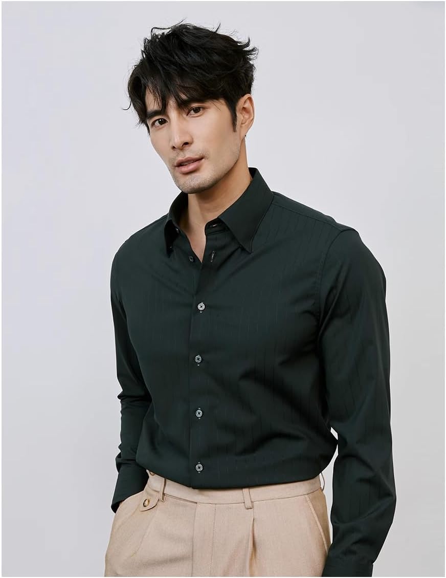 Men's Shirt Male's Autumn Long Sleeved Tops-Green01-Medium
