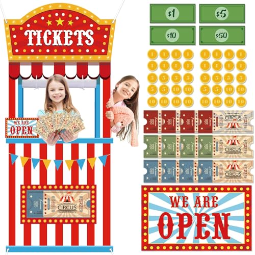 71Pcs Circus Ticket Booth Doorway Playhouse with Pretend Money Carnival Circus Theme Pretend Play Set Educational Play Store Toy Hanging Ticket Theater Door Banner for Halloween Holiday Favor