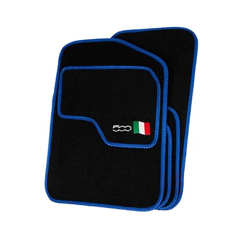 Precision 500 Logo On Black Car Mats For Fiat 500 2013-2020 Classic Blue Trim - VSS Mats