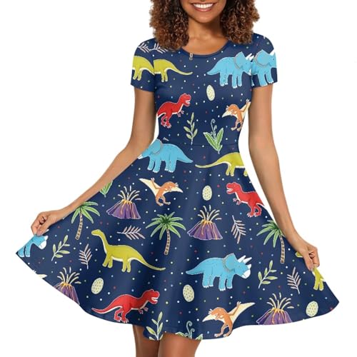 Image of POLERO Women Puffy Swing Elegant Party Midi Dresses Short Sleeve Round Neck A-Line Dress