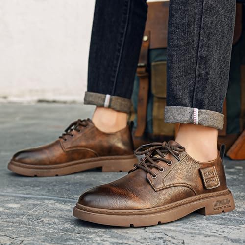 Mens Retro Leather Lace-Up Dress Oxfords Shoes Round Toe Non Slip Low Top Chunky Heels Casual Derby Shoes for Walking Outdoor Driving3