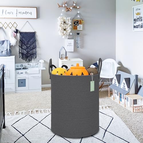 Image of Large Cotton Rope Laundry Hamper for Clothes 65L, Dark Gray
