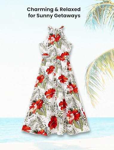 Image of PATPAT Hawaiian Family Outfits Matching Sets Mommy and Me Beach Dresses Tropical Print Floral Halter Maxi Dress Matching Luau Outfits for Couple Boho Vacation Red Flower Halter Sundresses for Women L