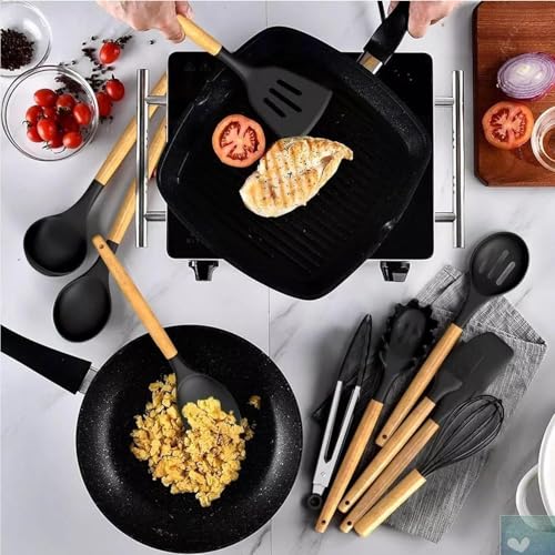 Image of Silicone Cooking Utensils Kitchen Utensil Set, 12 PCS Wooden Handle Nontoxic Silicone Spoon Spatula Turner Tongs Kitchen Gadgets Utensil Set for Nonstick Cookware with Holder (Multicolor)