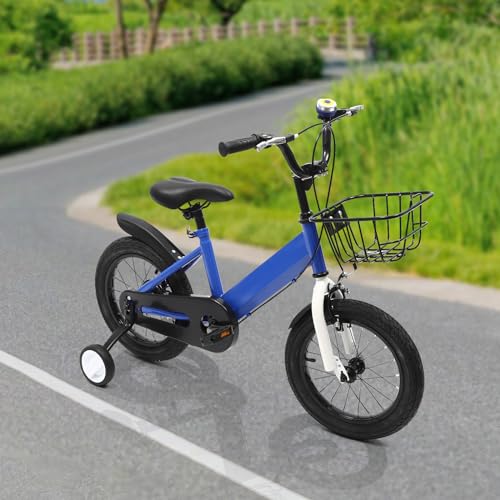 MINRS 14 Zoll Kinderfahrrad Kids Bicycle für Jungen Mädchen Kinder für Kinder Ab 3-7 Jahren Kinder Fahrräder Höhenverstellbar Fahrrad mit Korb Stützrädern Blau – Bild 4