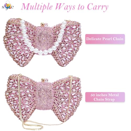 Image of Handmade Inlay Rhinestone Bow Clutch Bag for Women, Sparkling Evening Party Wedding Purse with Detachable Pearl Chain