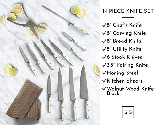 Styled Settings 15-Piece Forged Stainless Steel Triple Rivet White Knife Set With Block W/ Kitchen Sheers and Knife Sharpening Hone - Thumbnail 2