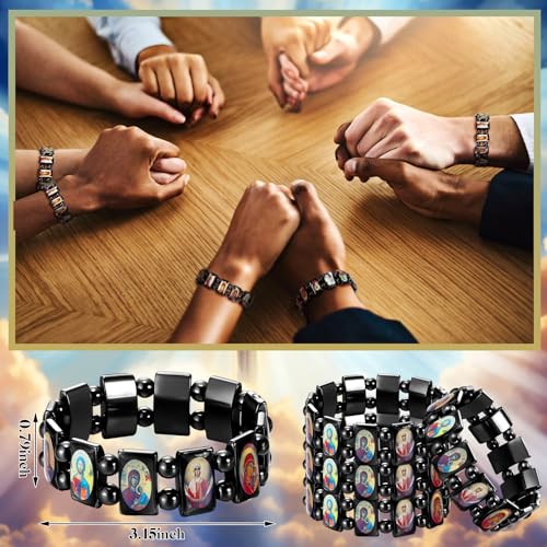 12 Pcs Christian Hematite Bracelet with Saints Catholic Orthodox Religious Elastic Bracelet with Holy Icons Prayer Gifts2