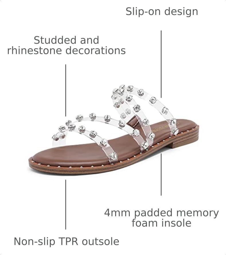 Image of DREAM PAIRS Women's Clear Studded Rhinestone Slide Sandals Slip on Open Toe Cute Flat Sandals for Summer