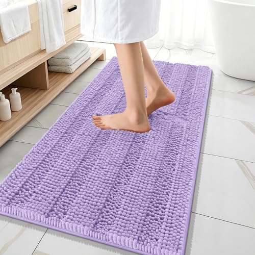 Image of OLANLY Thick Bathroom Runner Rugs 47x20, Extra Absorbent Chenille Striped Bath Rugs, Rubber Backing, Machine Wash Dry, Long Bath Mats for Bathroom, Tub and Shower, Home Decor Accessories, Lavender