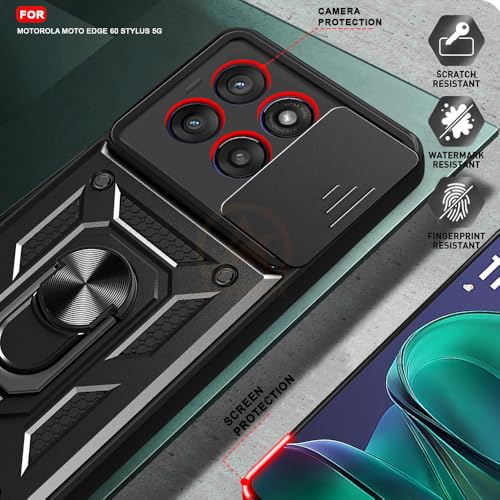 Image of Armor Bumper Back Cover Case for Motorola Moto Edge 60 Stylus 5G Rotating Camera Cover, Ring Holder & Kickstand | Heavy Duty & 360 Degree Protection Back Cover (Black)