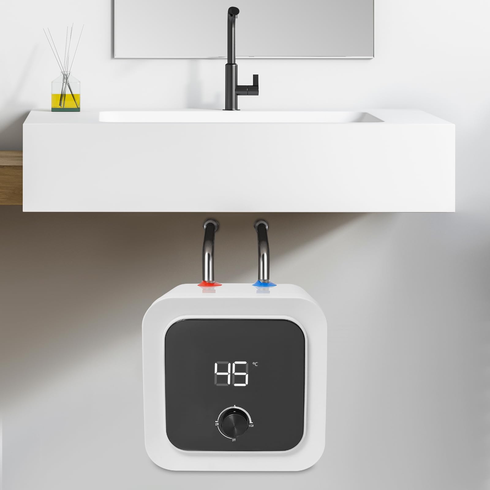 Scaldabagno elettrico istantaneo 8L sottopiano, serbatoio acqua calda 1500W con regolatore di temperatura tubi riscaldanti in acciaio inox 316, scaldabagno per cucina e bagno, protezione IPX4, bianco