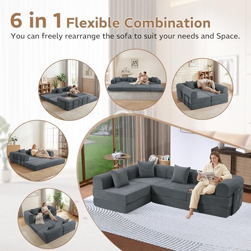 Image of 141.73'' U-Shaped Sectional Sofa Bed, 6-in-1 Modular Corduroy Couch with Soft Cloud-Like Feel, Removable Storage Bag, Anti-Pilling Fabric, Tool-Free Assembly, for Living Room, Grey