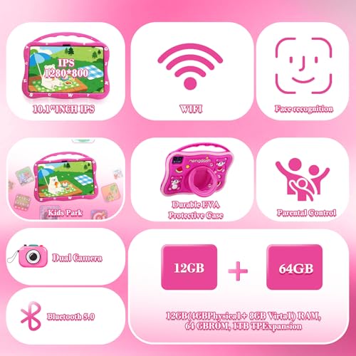 Image of MengDash Kids Tablet 10.1 Inch Tablet for Kids Educational Learning Toddler Tablet Android 14 12GB RAM + 64GB ROM Storage 5G WiFi for Girls Boys 3-10 (Red)