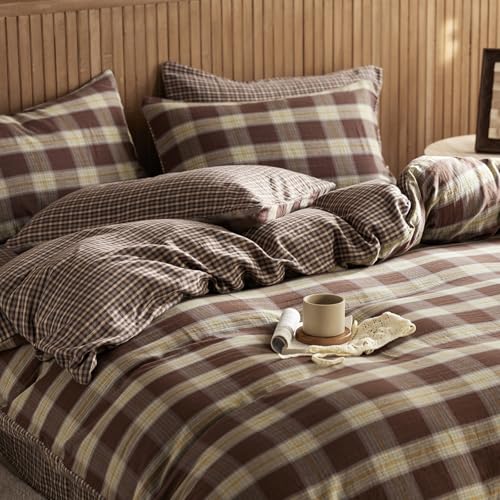 Image of EAVD Vintage Yellow&Brown Plaid Duvet Cover Full Soft 100% Muslin Cotton Retro Grid Checkered Plaid Bedding Set with 2 Pillowcases Farmhouse Reversible Gingham Duvet Cover with Zipper Closure