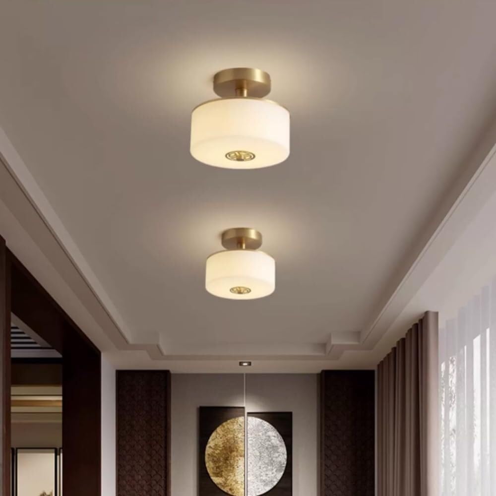 Lámpara de techo de estilo chino, semiempotrada, luz nocturna para el hogar, pantalla de cristal blanco lechoso, lámpara redonda de cobre, luz de techo para pasillo, escalera, iluminación moderna y s