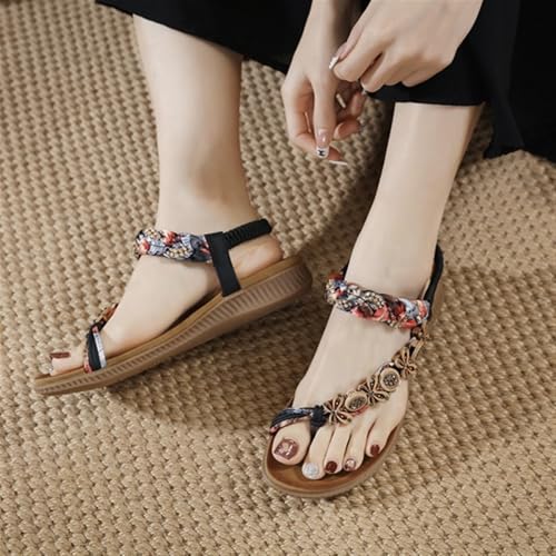 Women's Flat Sandals Summer Comfortable Open Toe Bohemian Sandals Rhinestone Beaded Flip Flops Elastic Strap Sandals2