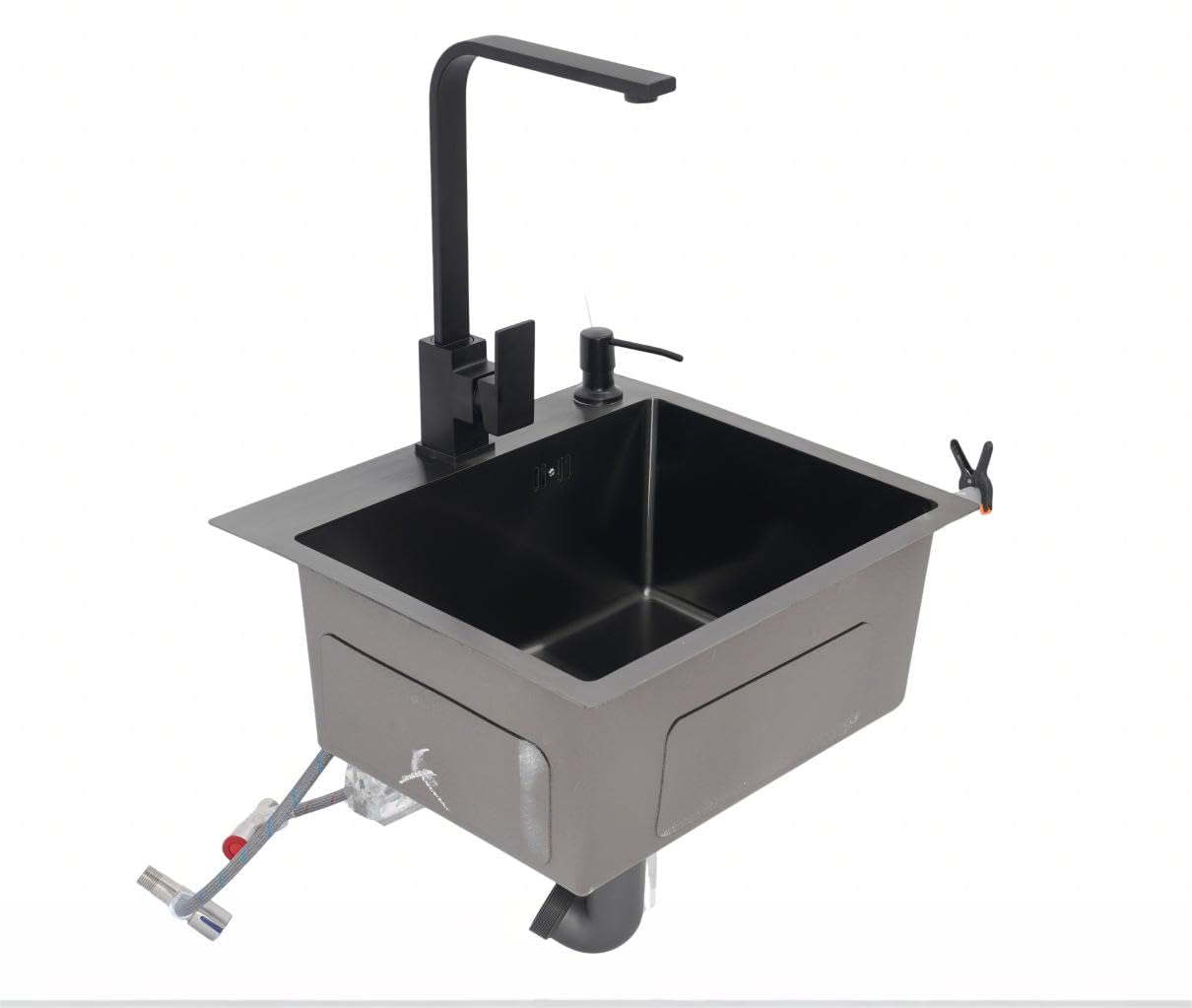 Fregadero de cocina negro de 45 x 40 cm, de acero inoxidable, con grifería, incluye escurridor, dispensador de jabón, grifo giratorio 360°, color negro mate