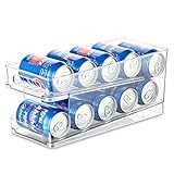 Hanobe Soda Can Organizer for Refrigerator 2-Layer Auto Scrolling Water Bottle Organizer Bins with Handle Plastic Drink Freezer Organizer for Fridge Kitchen Pantry Countertop Beverage Can Holder
