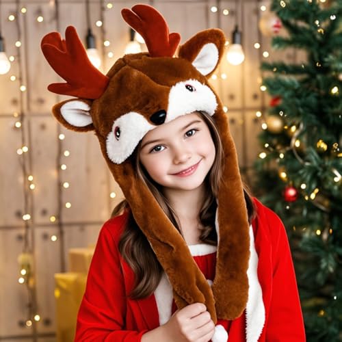 Celebrigo Christmas Santa Cloak & Elk Plush Hat Set - Crazy Hats With Moving Ears, Animal Ears, Costumes for Kids 8-16