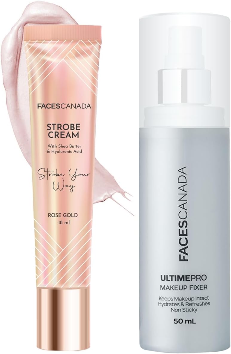 FACES CANADA All Day Glow Combo - Strobe Cream - Rose Gold (18ml) + Ultime Pro Makeup Fixer (50ml) | Illuminating & Glowing Makeup Base | Long Lasting Makeup Setting Spray