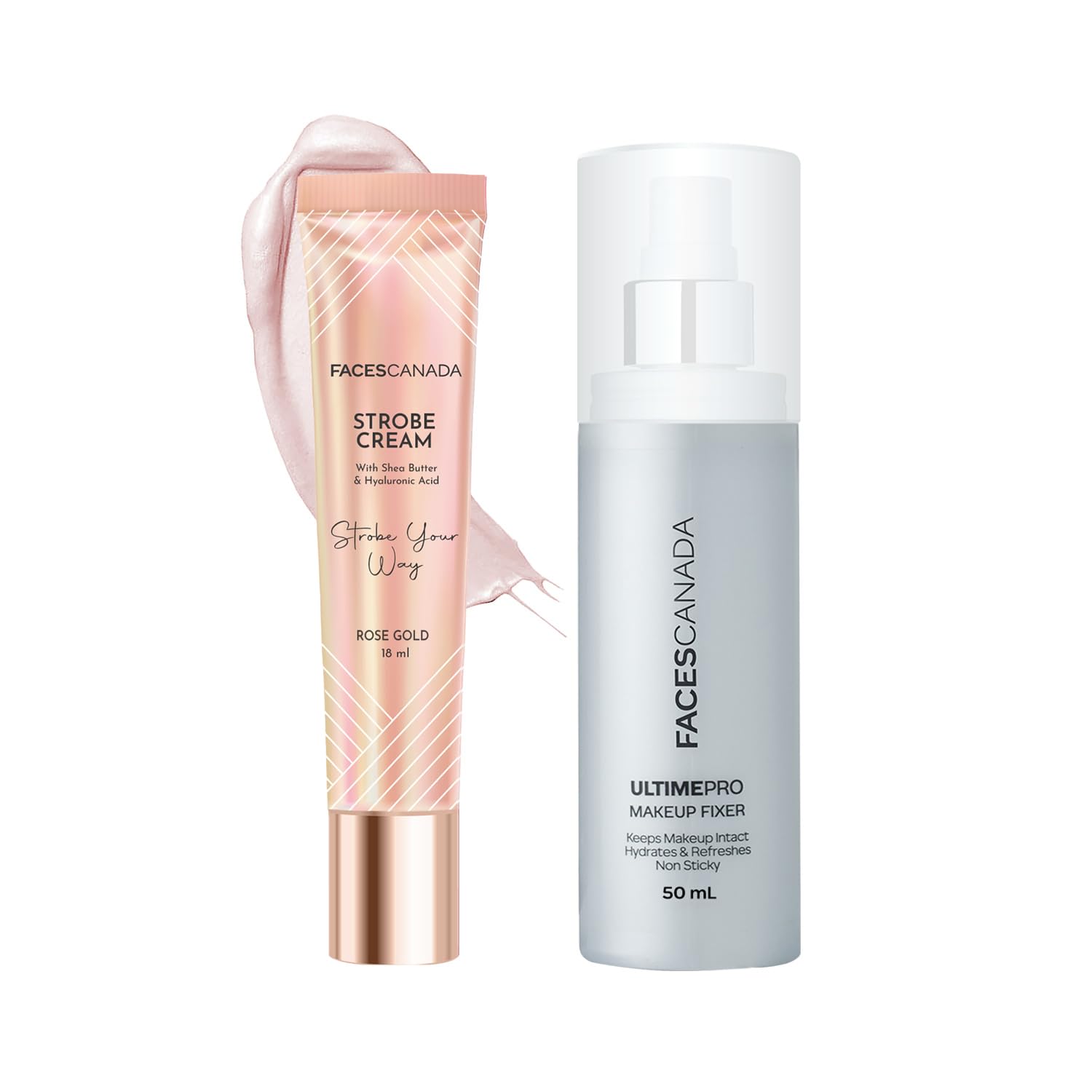 FACES CANADA All Day Glow Combo - Strobe Cream - Rose Gold (18ml) + Ultime Pro Makeup Fixer (50ml) | Illuminating & Glowing Makeup Base | Long Lasting Makeup Setting Spray