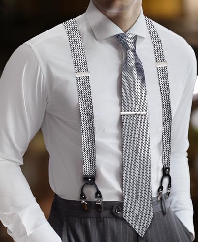 Image of Barry.Wang Men Suspender Set with Necktie Elastic Y Type Heavy Duty 6 Clips Braces Tie Handkerchief Cufflink Pin 6PCS