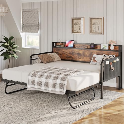 LIKIMIO Twin Daybed, Daybeds with Pop Up Trundle, Storage Headboard with Charging Station, Strong Supports for Apartment and Other Small Space, Industrial Brown