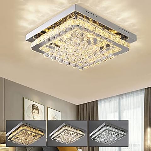 XEMQENER Dimmable Crystal Ceiling Light, 30W LED Crystal Chandelier Light, Finish Chrome Flush Mount Ceiling Lamp for Living Room Kitchen Office Bedroom Dining Room(Remote Control, 3000k-6000k) Cover