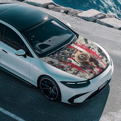 Image of Car Hood Cover All-Season Protection Bear American Flag Print Car Hood Cover Protector Elastic Fabrics Vehicles Decorate Engine Universal for Cars