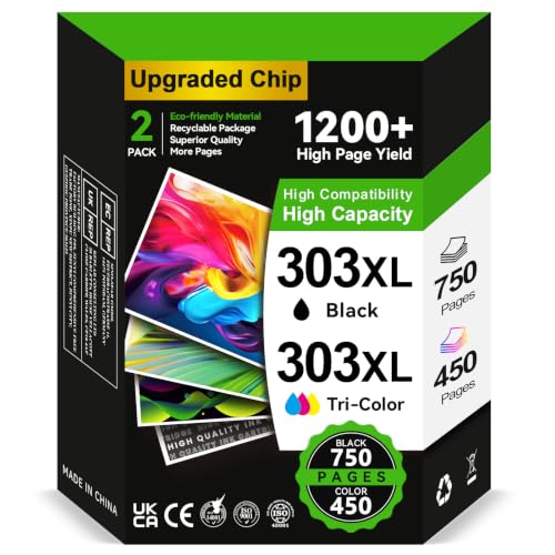 303XL Ink Cartridges BK/CMY- 750/450+ Pages Replacement for HP 303 Ink Cartridges Black and Colour Original Ink 303 for HP Envy Inspire 7220e 7221e 7920 7920e Envy Photo 6220 6230 6234 7120 TANGO X