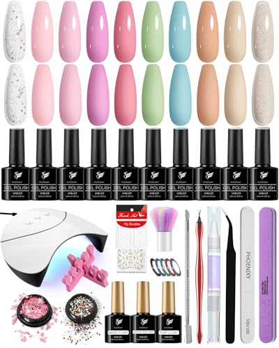 Kit Uñas Semipermanentes, Phoenixy Set Manicura Semipermanente de 10ml con Lámpara UV/LED de 36W, Uñas Semipermanentes Kit Completo Regalo de Manicura para Mujeres