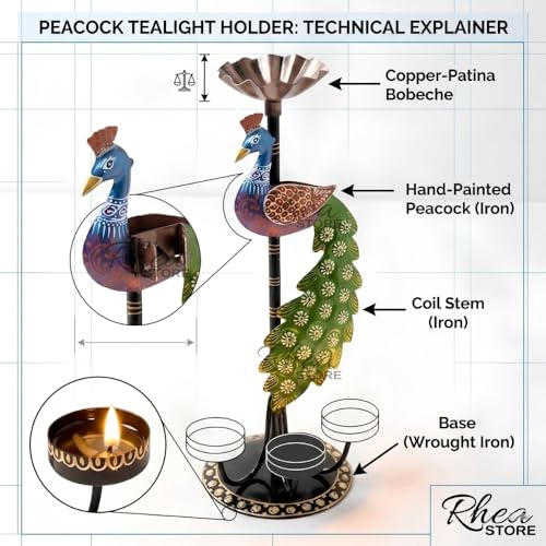 Image of Metal Peacock Candle Holder, Multicolour Iron Tealight Stand for Table Decoration Item, Corporate Bulk Gifting and Festive House Lighting Showpiece (14x10x34 CM)