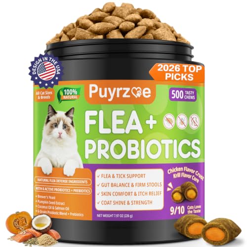 Puyrzoe Flea and Tick Prevention for Cats Flea Treatment for Cats Itch Relief Skin & Coat Care 500 Cat Flea Chews with 6-Strain Probiotics Gut & Immune Health Chicken Flavor All Breeds & Ages