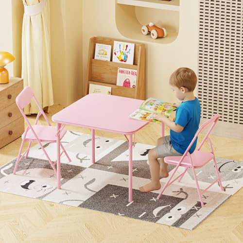 Image of JOYMOR Kids Folding Table and Chairs Set, 3-Piece Metal Frame Activity Set with Easy-Fold Design for Playroom & Classroom (Pink)