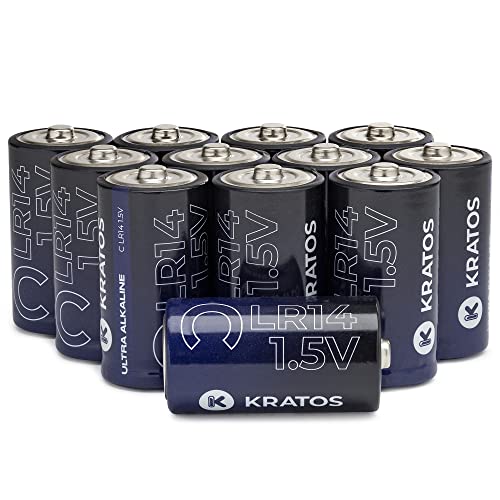 Kratos Power C Batteries - 12 Pack Alkaline Batteries - Long-Lasting All-Purpose C Battery - 10 Year Shelf Life - Mercury & Cadmium Free Flashlight Batteries - Disposable Replacement Batteries