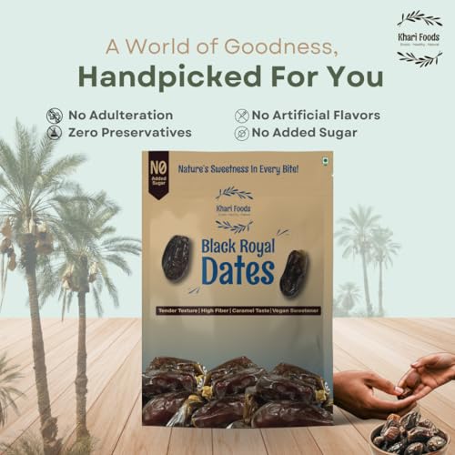Image of Khari Foods - Black Royal Dates - 1kg Premium Khajoor - High Fibre, No Added Sugar, No Preservatives - Soft Healthy Dry Dates for Energy, Immunity Support and Everyday Wellness