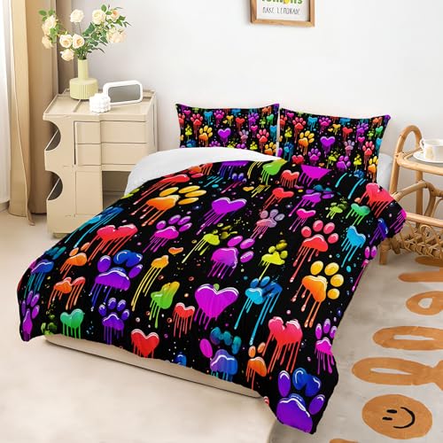Image of AILONEN Colorful Dripping Paw Print Comforter Set Queen Size,Graffiti Theme Bedding Sets for Kids Girls Boys Bedroom Decor,3-Pieces,1 Quilt and 2 Pillowcases