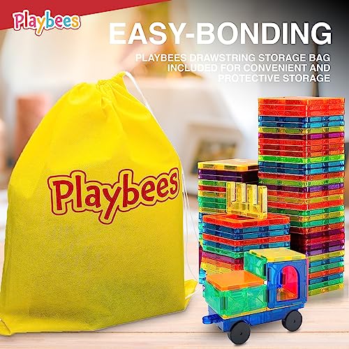 Playbees 100 Piece Magnetic Building Tiles Set, Clear Vivid Colors And Shapes, 3D Magnet Building Blocks For Kids, Toddlers, Stem Educational Learning Development Toy, Creativity Beyond Imagination #TOP6