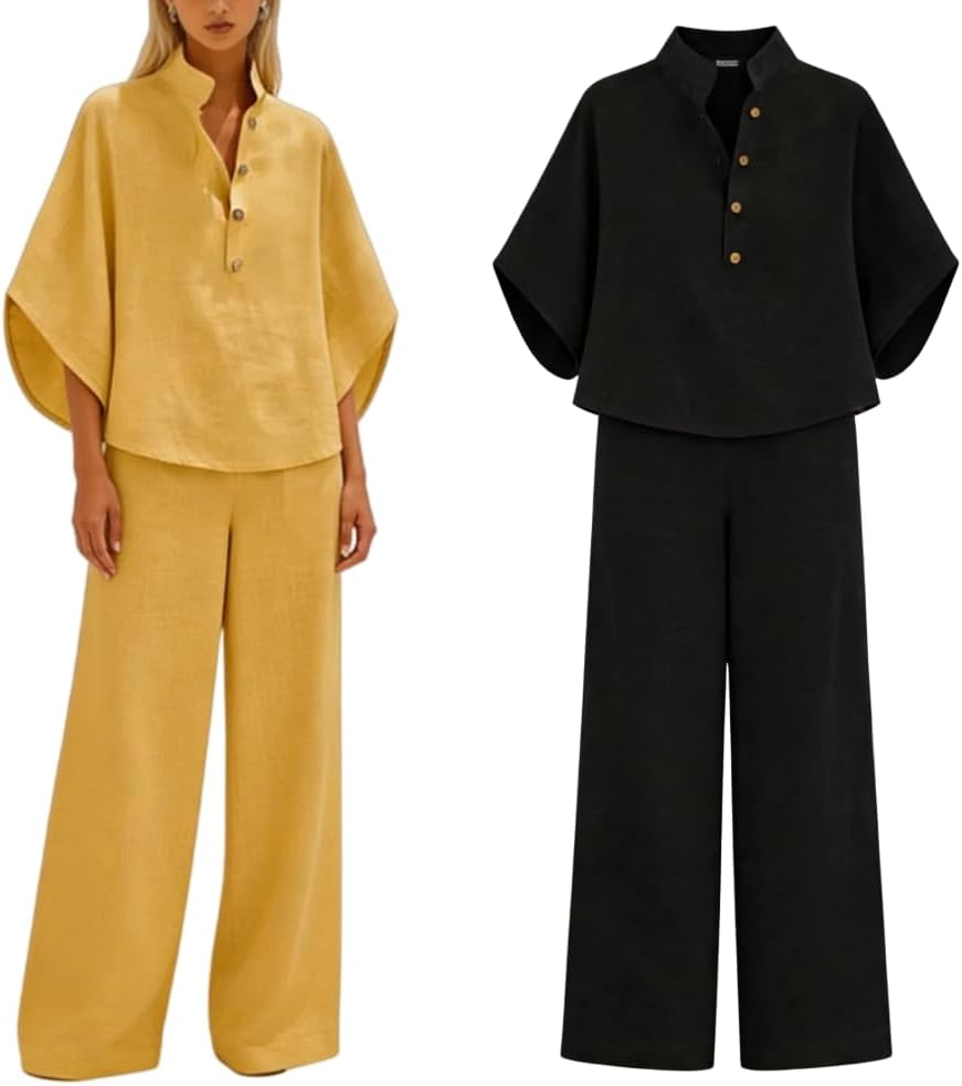 Women’s Batwing Sleeve Linen Cotton Two Piece Set, Linen Sets for Women 2 Piece Summer, Soft and Breathable
